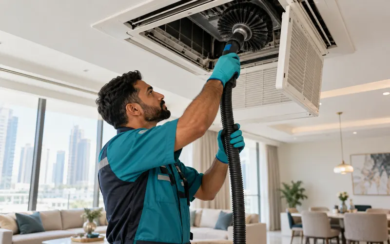 Technician cleaning a ceiling AC duct with professional extraction equipment