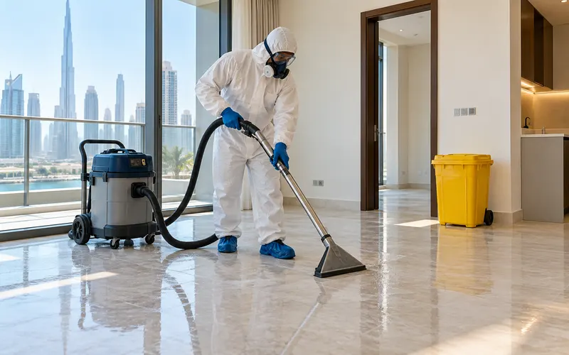 Protected specialist performing non-graphic biohazard remediation