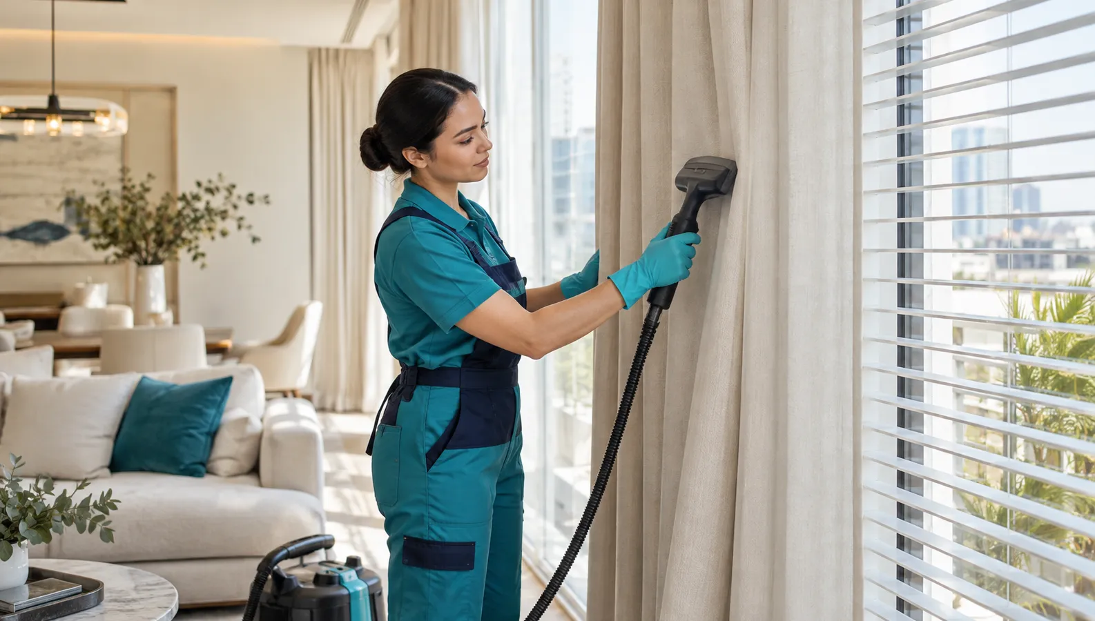 Cleaner treating curtains beside window blinds