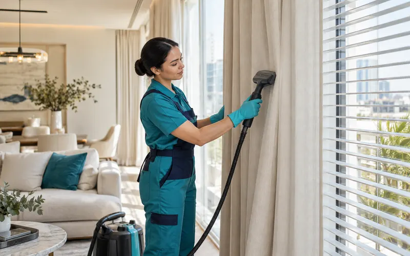 Cleaner treating curtains beside window blinds