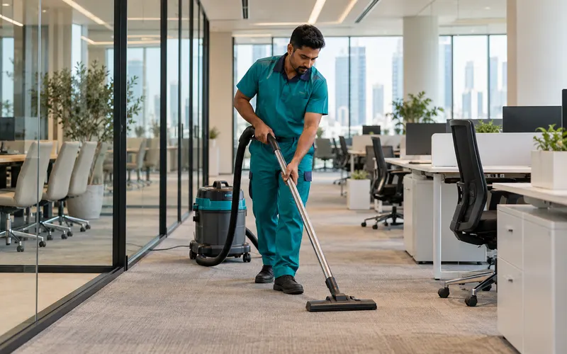 Commercial cleaner vacuuming a modern office