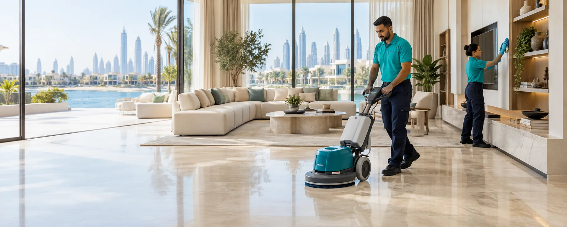 Cleaning team caring for the floor and shelving of a spacious villa