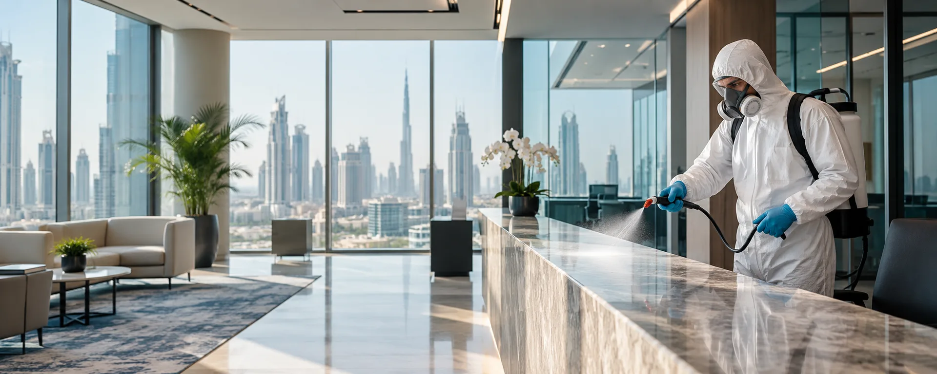 Professional disinfecting a counter in a contemporary office