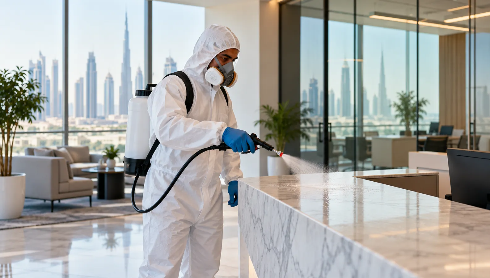 Protected worker disinfecting a high-touch office surface
