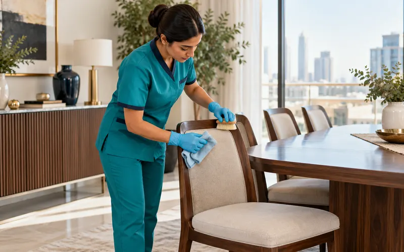 Furniture specialist cleaning an upholstered wooden dining chair