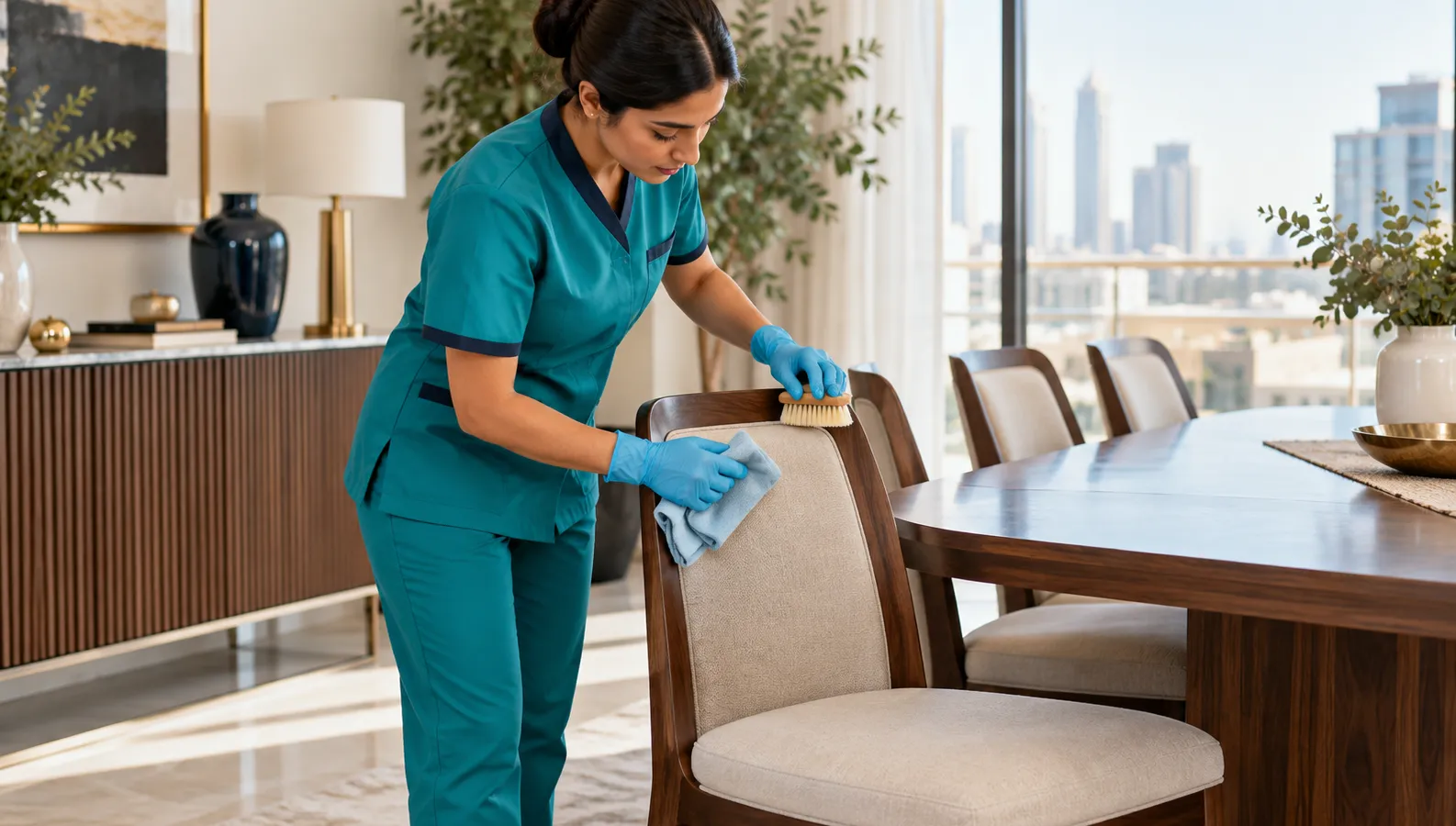 Furniture specialist cleaning an upholstered wooden dining chair