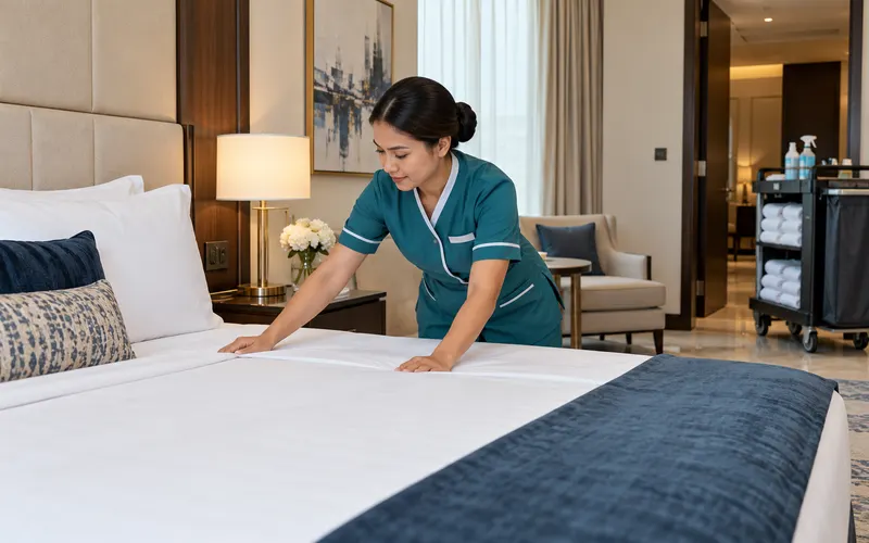 Hotel housekeeper preparing clean guest room bed linen