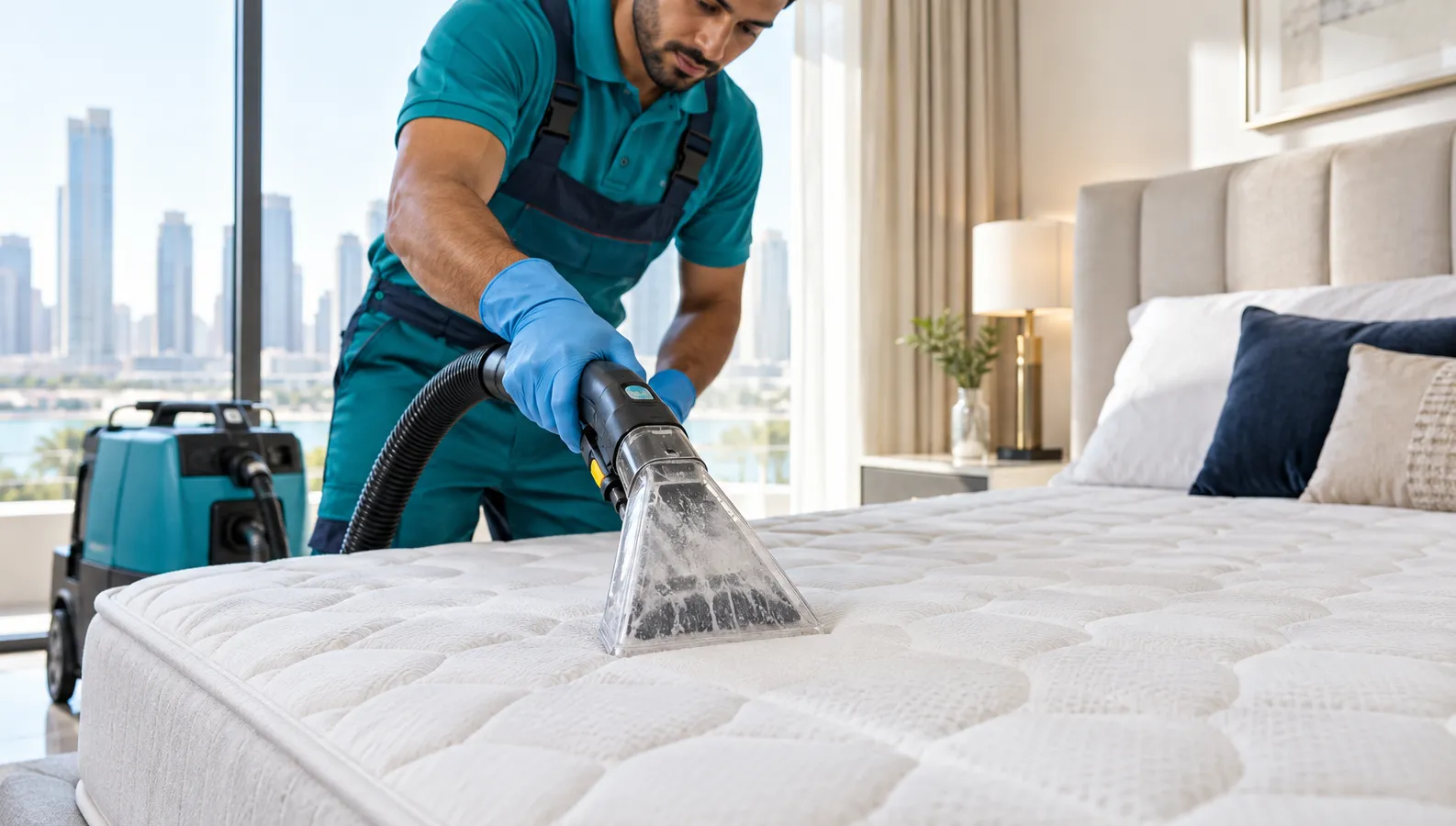 Technician deep-cleaning a mattress with an extraction nozzle