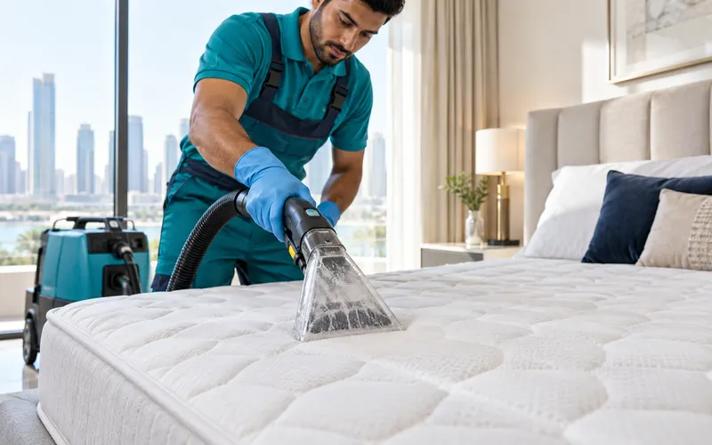 Technician deep-cleaning a mattress with an extraction nozzle