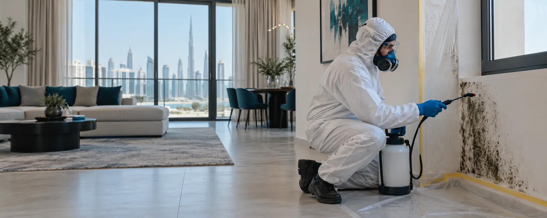 Protected mold specialist treating a contained area beside a window