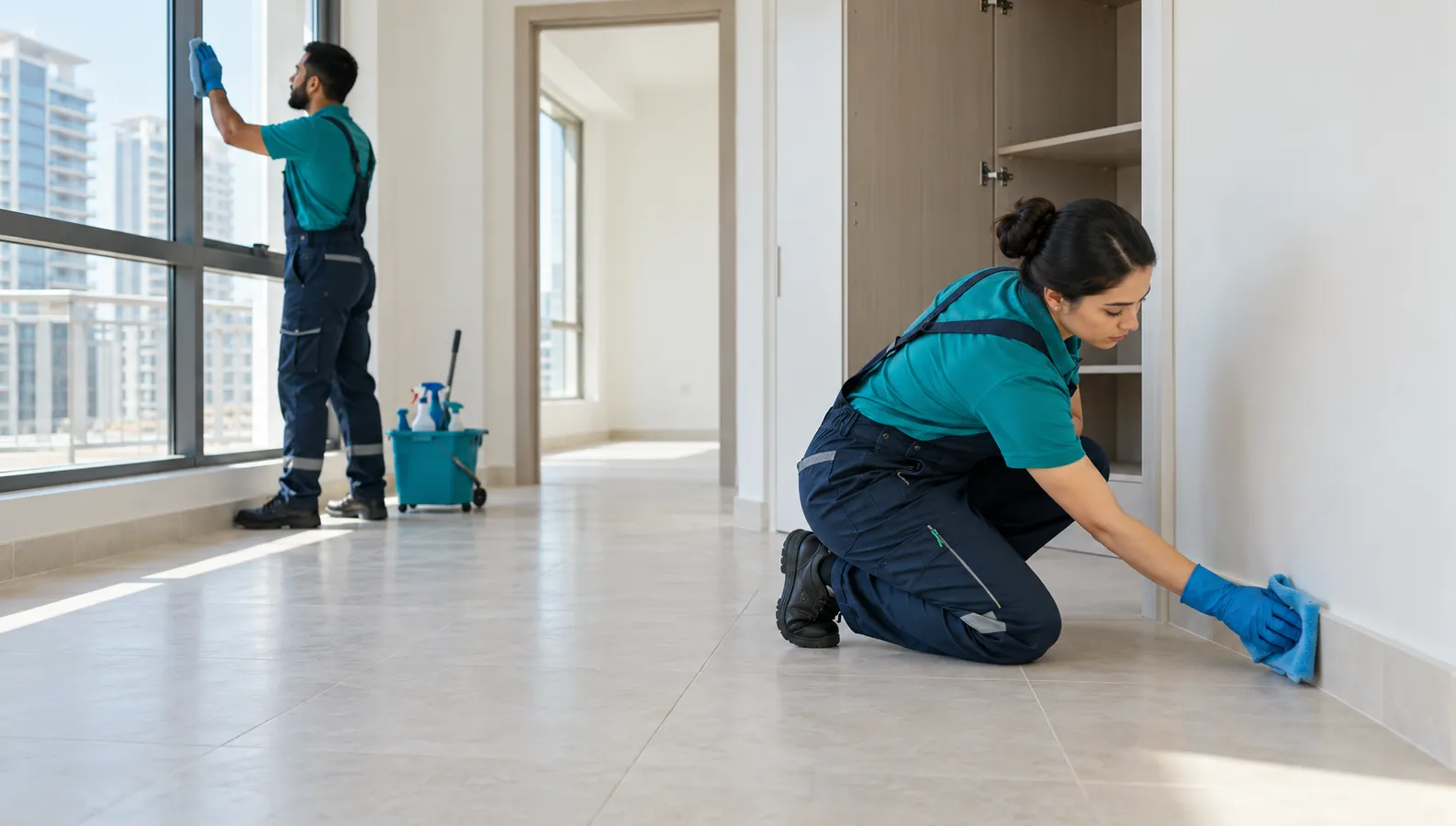 Cleaning team preparing an empty apartment for handover