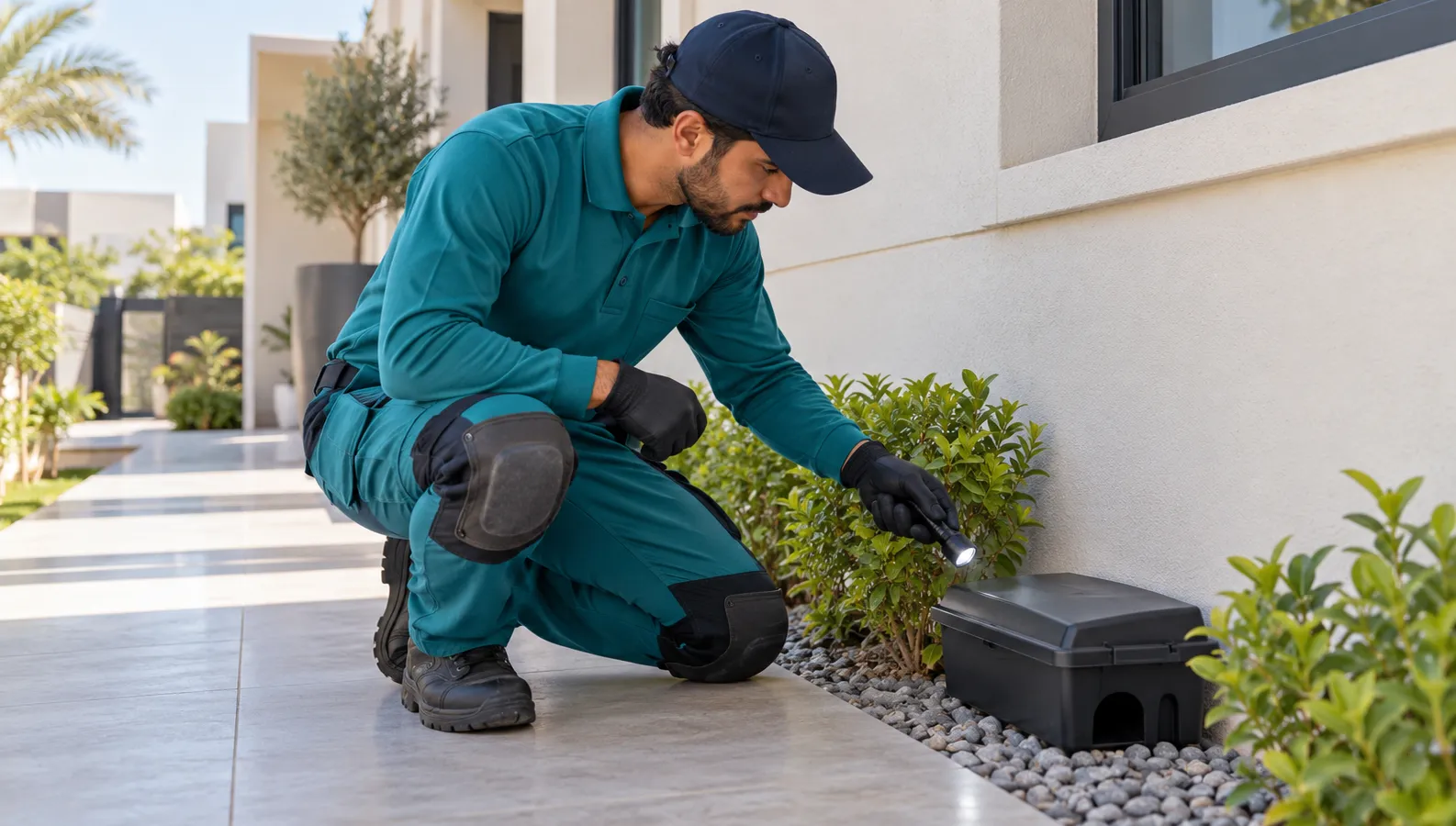 Pest management technician inspecting a tamper-resistant monitoring station