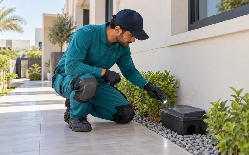 Pest management technician inspecting a tamper-resistant monitoring station