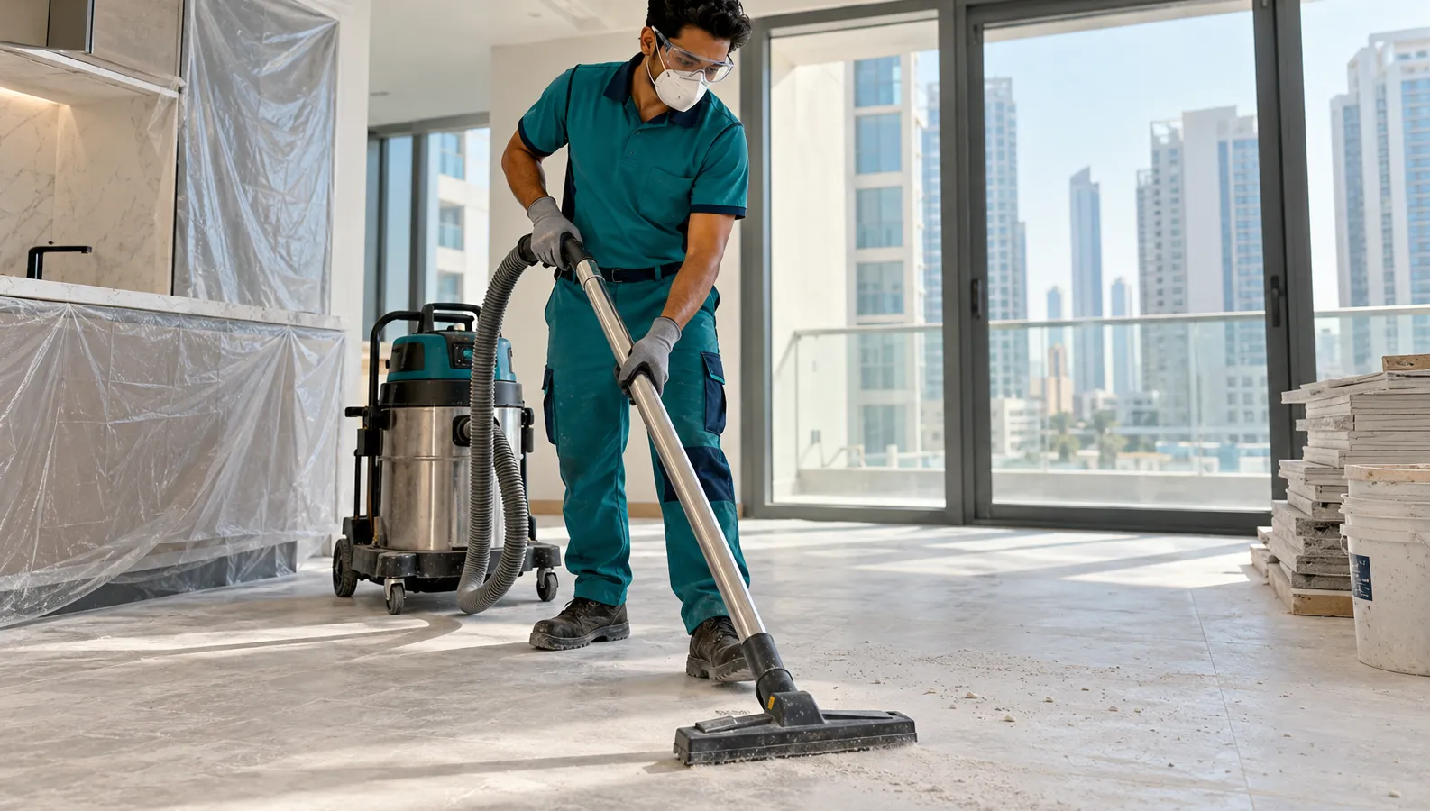 Cleaner removing construction dust with a professional vacuum