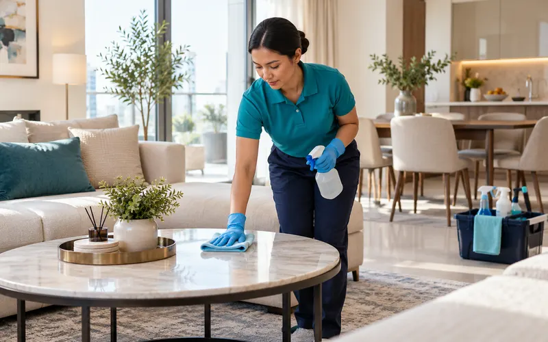 Residential cleaner wiping a living room coffee table