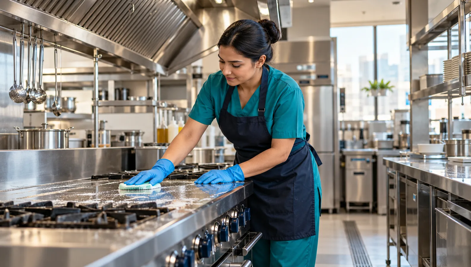 Kitchen cleaner scrubbing a stainless-steel cooking surface