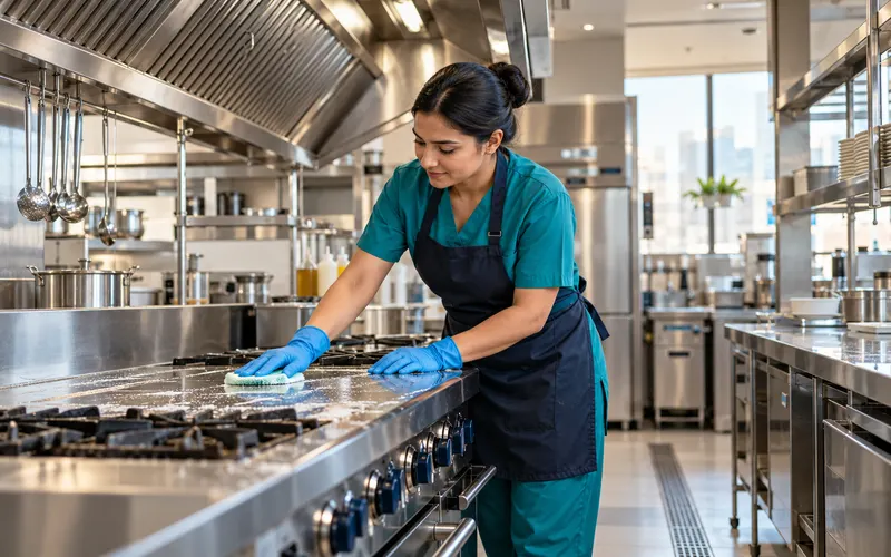 Kitchen cleaner scrubbing a stainless-steel cooking surface