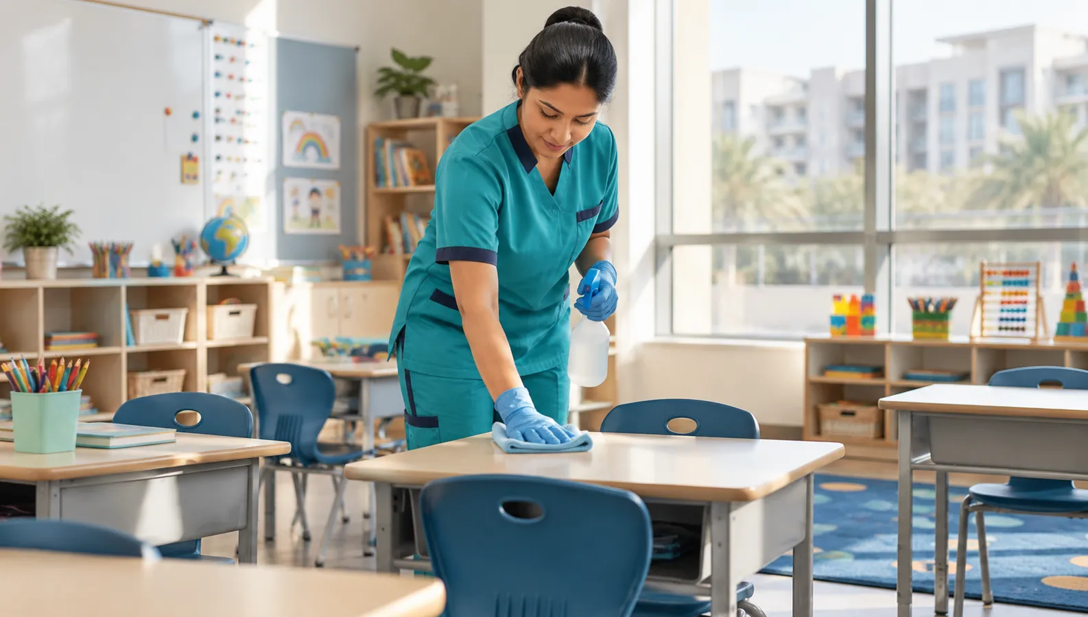 Cleaner wiping desks in an empty classroom