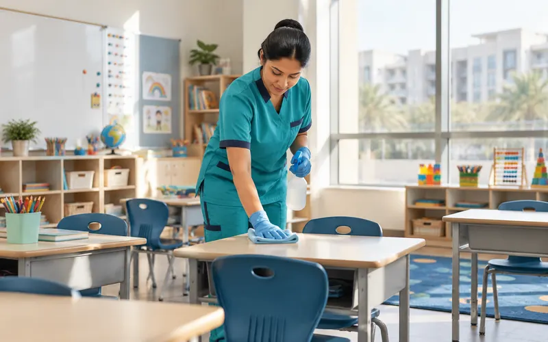Cleaner wiping desks in an empty classroom