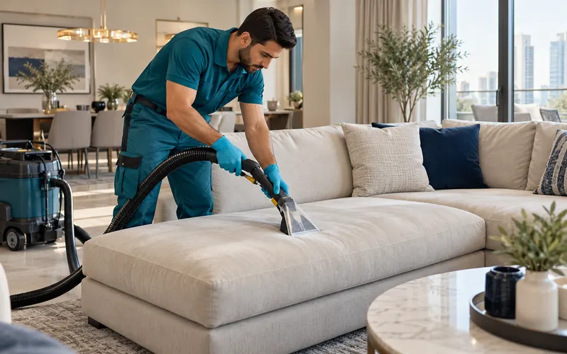 Technician extracting dirt from a beige sectional sofa