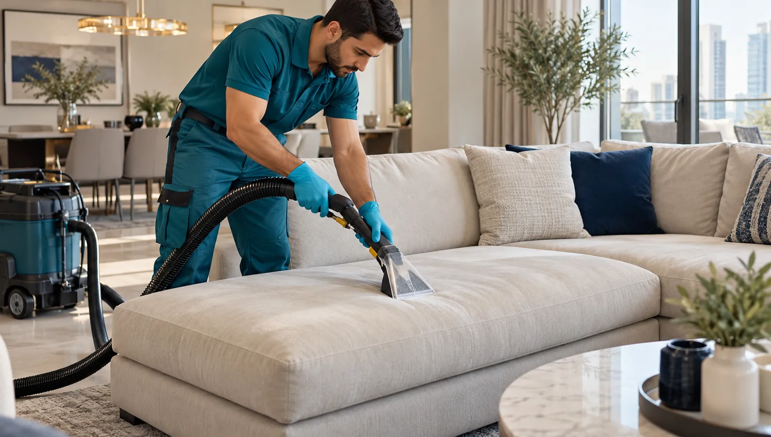 Technician extracting dirt from a beige sectional sofa