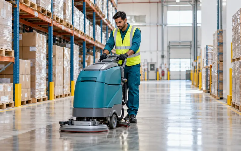Warehouse cleaner operating a walk-behind floor scrubber