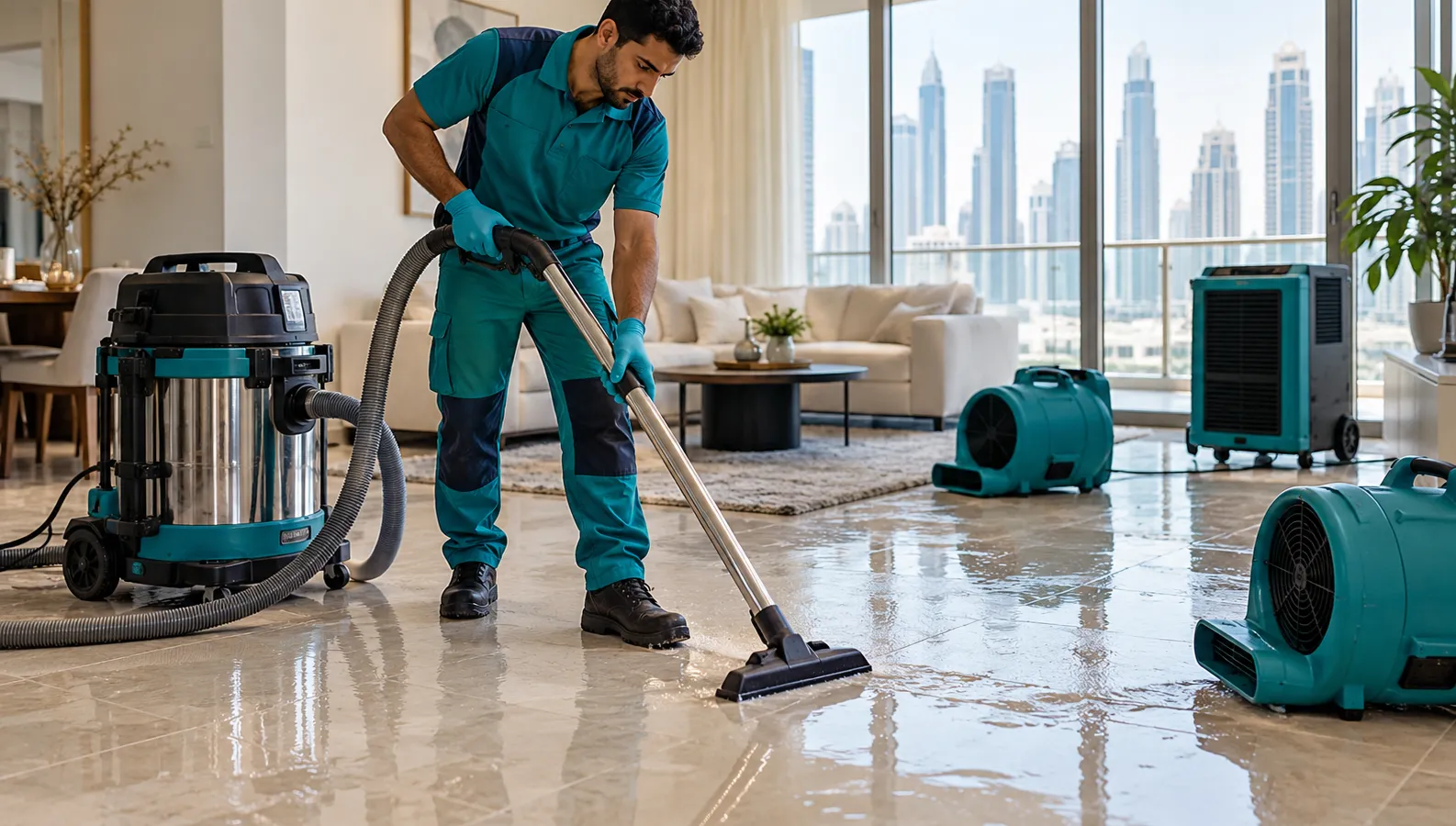 Restoration technician extracting water from an apartment floor