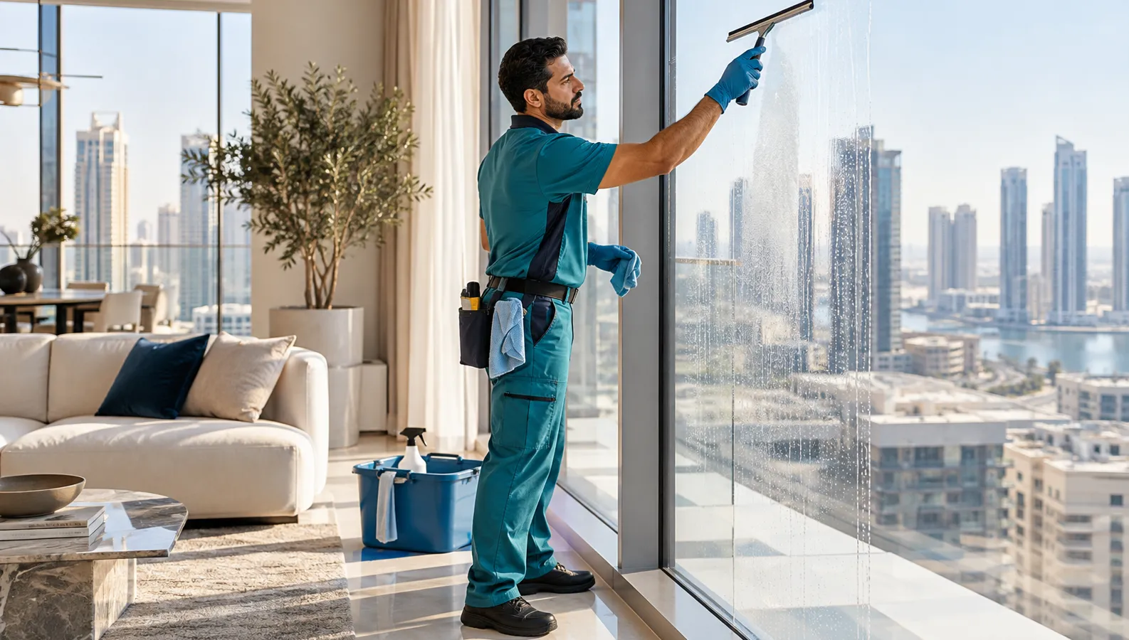 Window cleaner using a squeegee on an interior glass pane